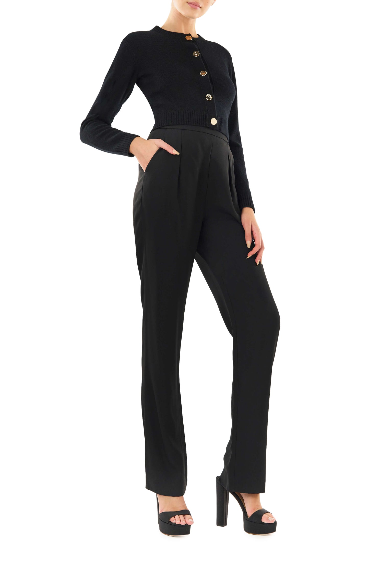 Monique Lhuillier black long sleeve cropped cardigan with gold buttons.