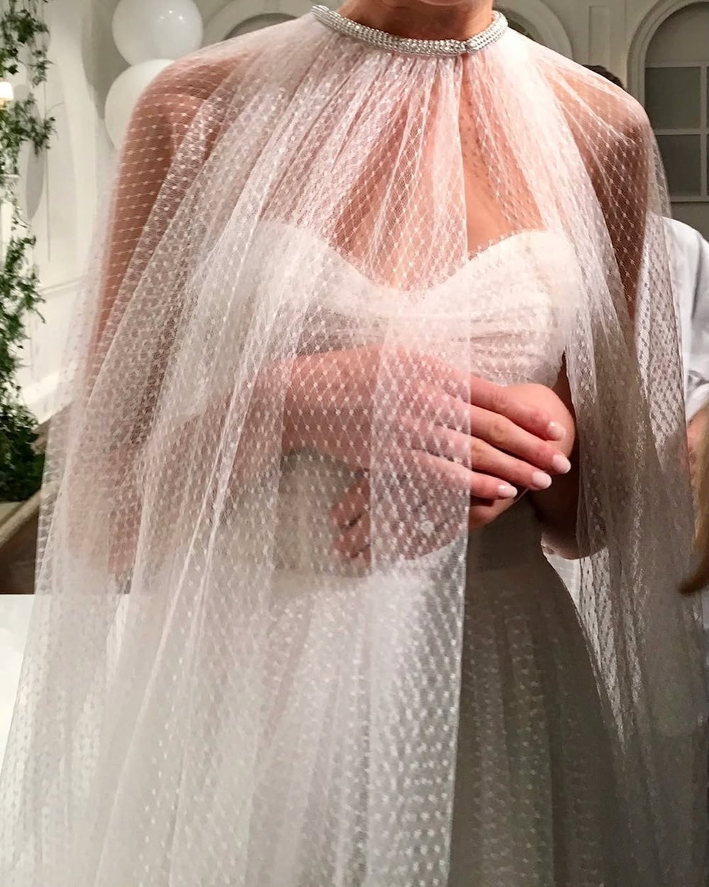 Dotted tulle Brie cape and dress on model