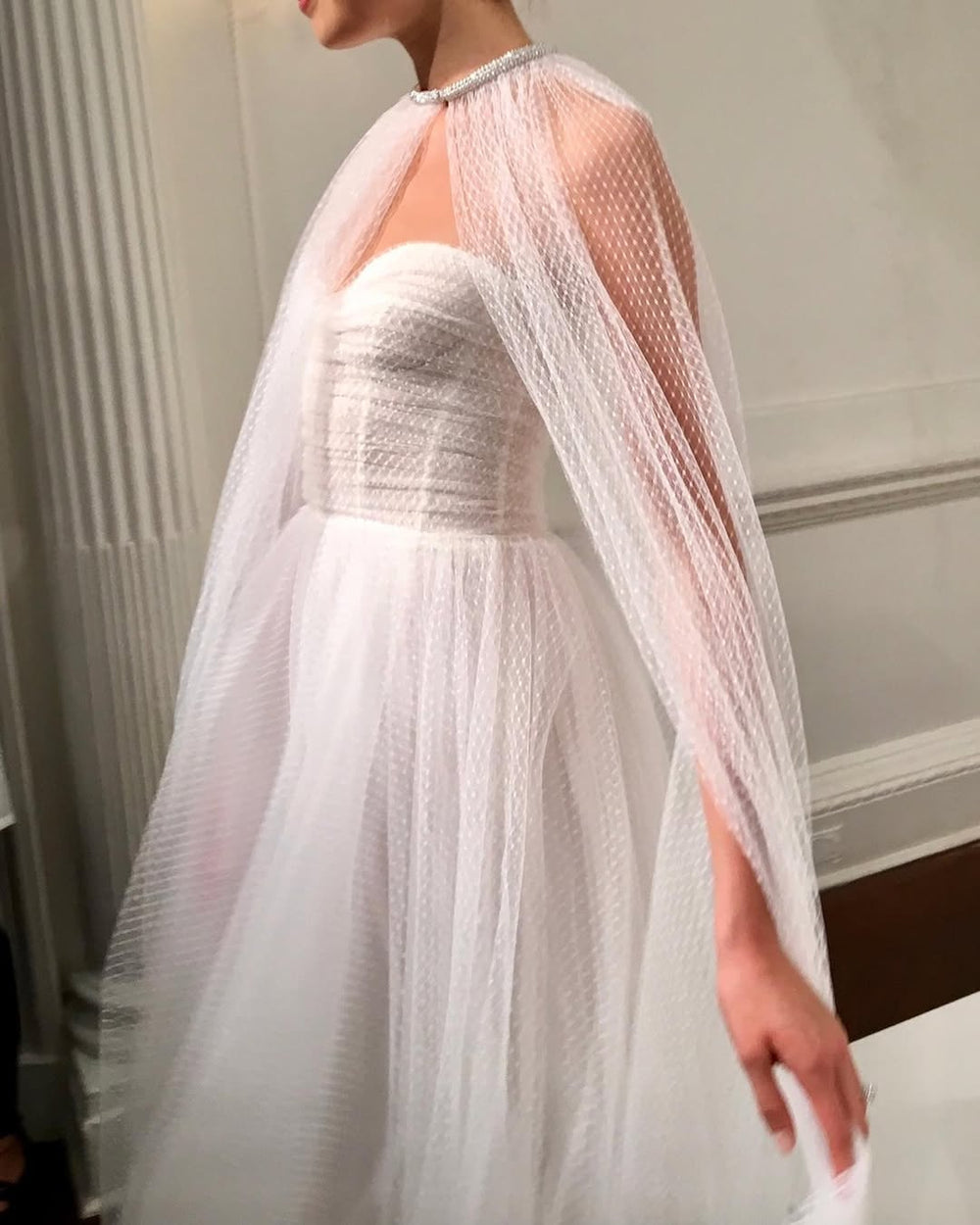 Dotted tulle Brie cape and dress on model