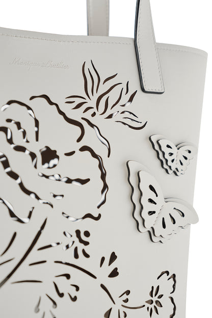 Leather top handle tote bag with laser cut florals, three-dimensional leather butterflies and small zip pouch in Ivory- front detail