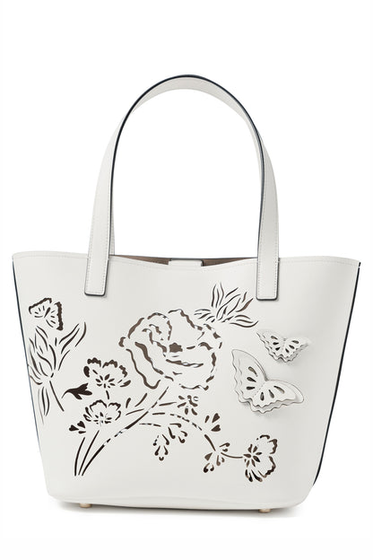 Leather top handle tote bag with laser cut florals, three-dimensional leather butterflies and small zip pouch in Ivory- back