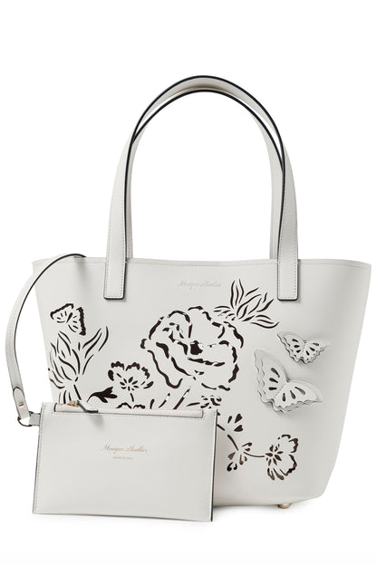Leather top handle tote bag with laser cut florals, three-dimensional leather butterflies and small zip pouch in Ivory- front with zip pouch