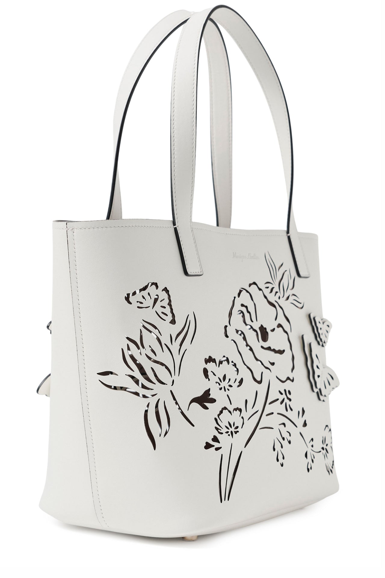 Leather top handle tote bag with laser cut florals, three-dimensional leather butterflies and small zip pouch in Ivory- side