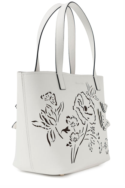 Leather top handle tote bag with laser cut florals, three-dimensional leather butterflies and small zip pouch in Ivory- side