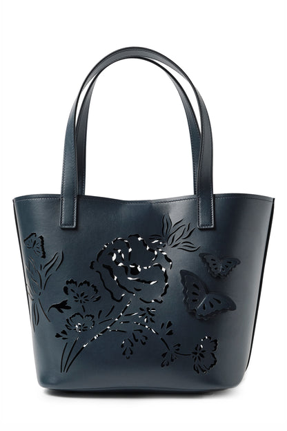 Leather top handle tote bag with laser cut florals, three-dimensional leather butterflies and small zip pouch in Navy- back