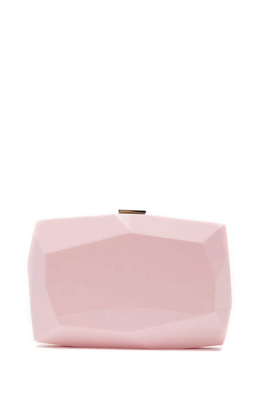 Lucite faceted minaudière with metal clasp at top in Peony Pink- front