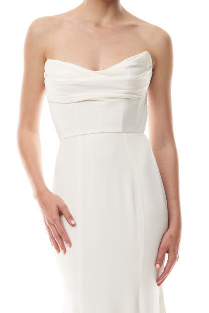 Strapless, satin gown with draped bodice and natural waist seam - bodice.