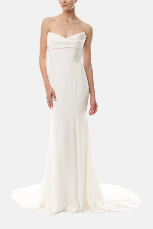 Monique Lhuillier Diaz gown- Silk crepe white draped strapless trumpet gown with train.