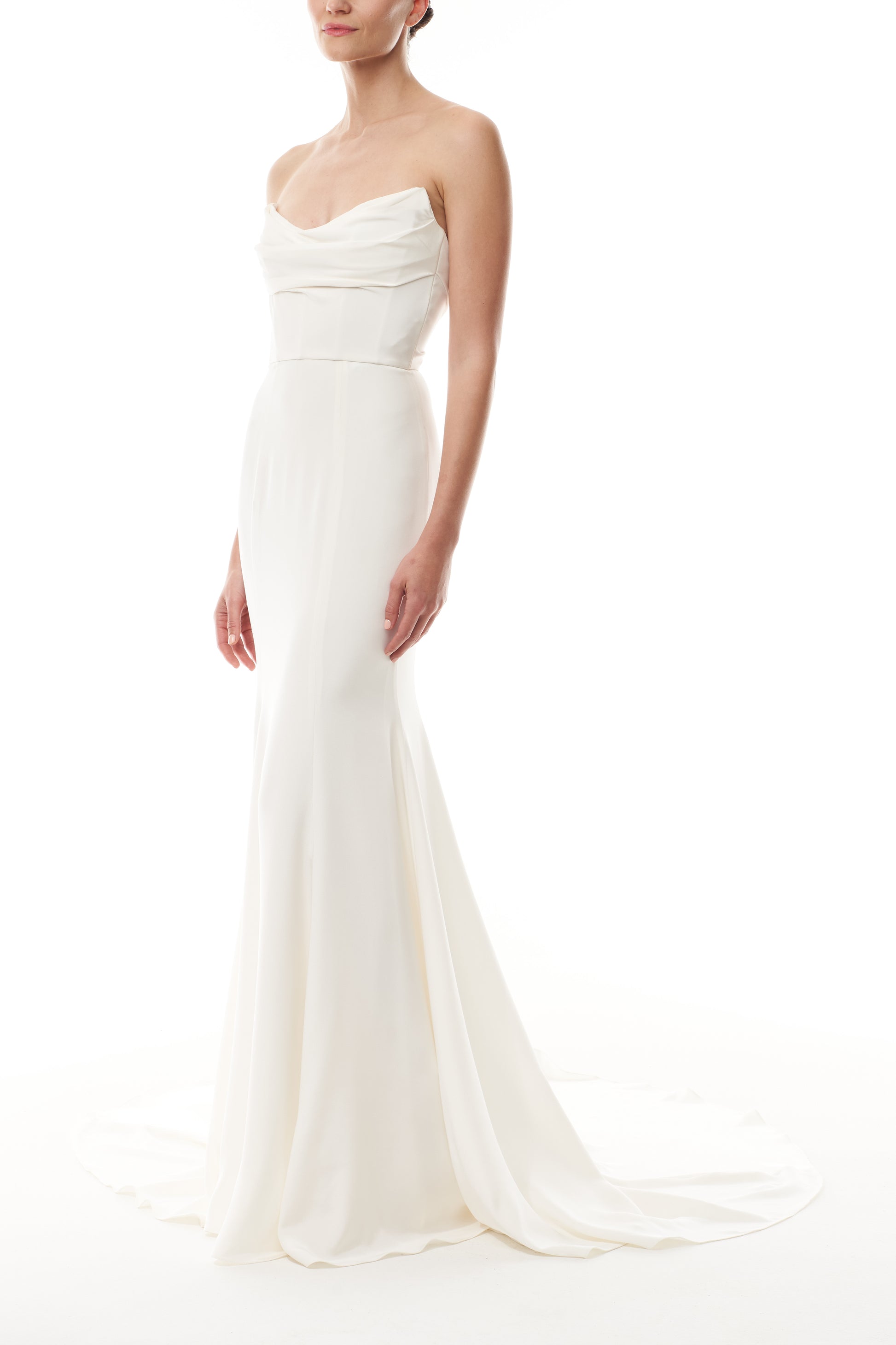 Strapless, satin gown with draped bodice and natural waist seam - side.