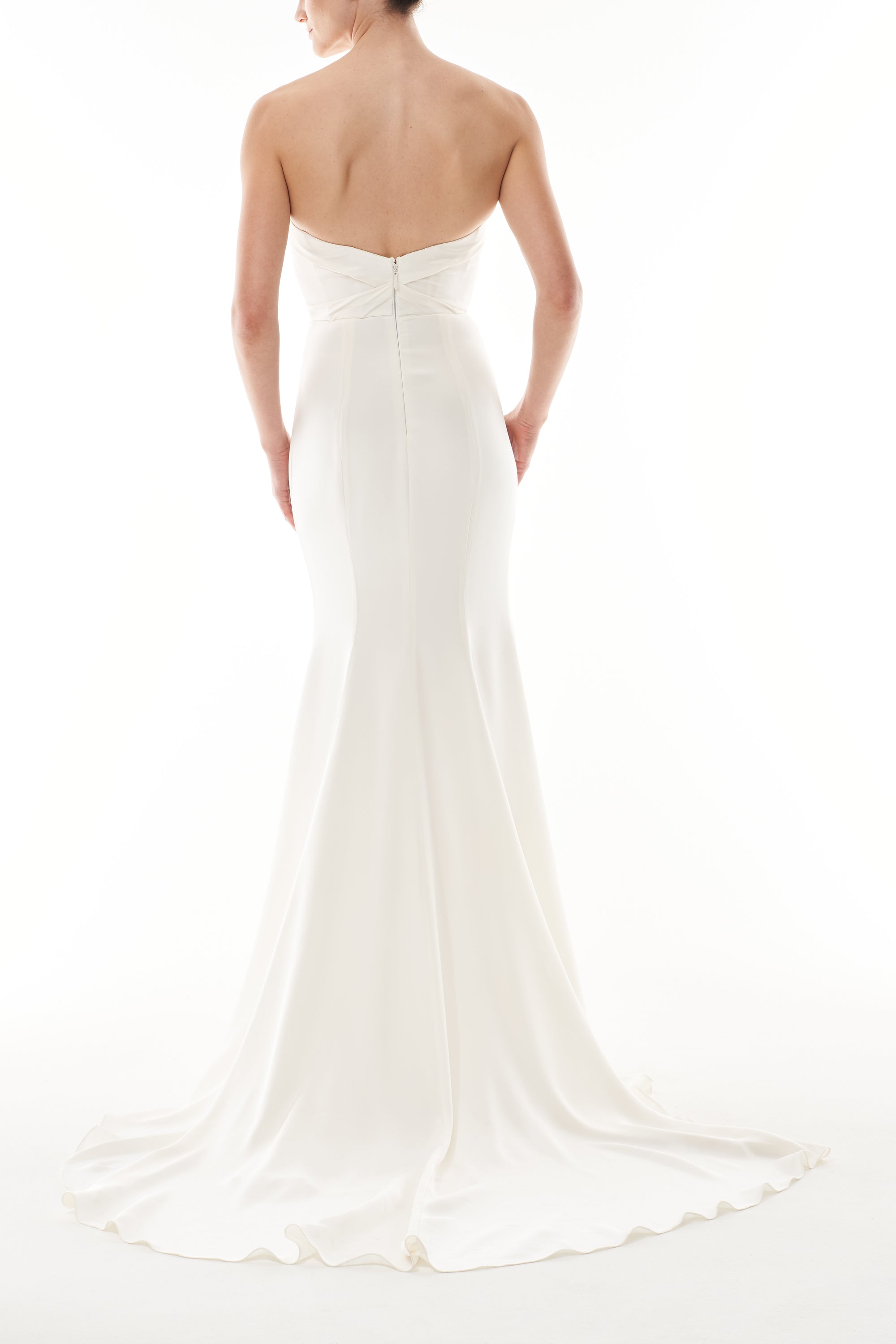 Strapless, satin gown with draped bodice and natural waist seam - back.