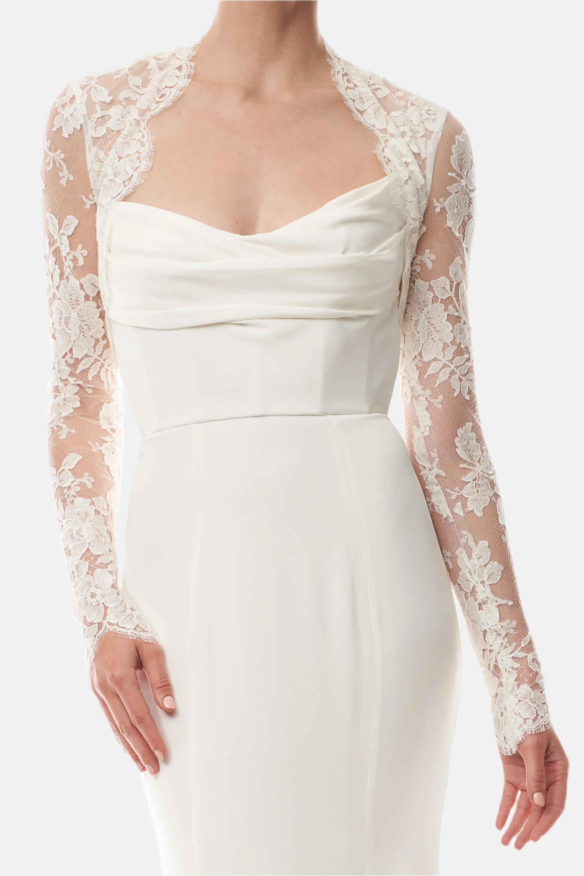 Silk white, long sleeve lace bolero shown over a strapless satin gown - front crop.