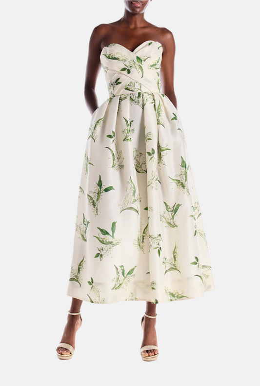 Monique Lhuillier "Florette Dress" - Strapless, tea-length dress with sweetheart neckline, full skirt and pockets in Silk White and Leaf floral printed organza - front.