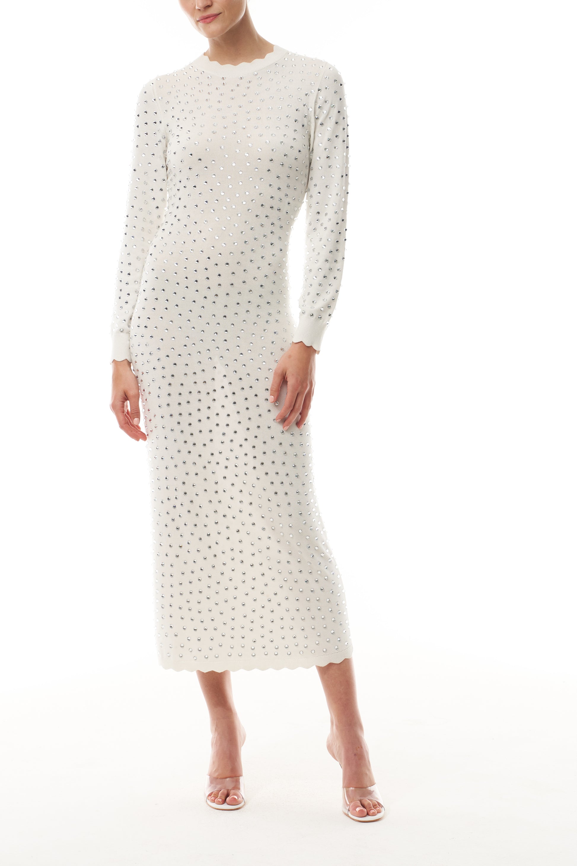 Monique Lhuillier Fall 2025 Ivory/silver Long sleeve cotton hotfix knit dress- front.