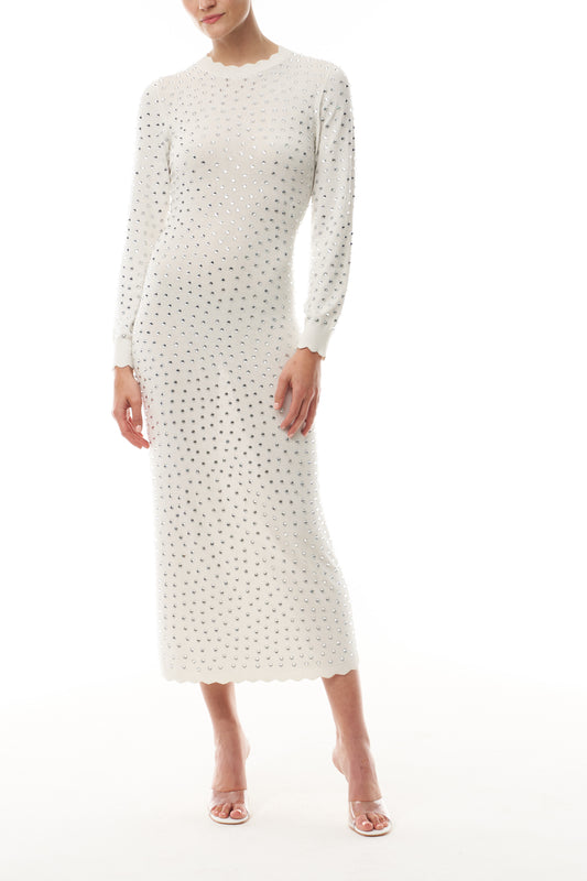 Monique Lhuillier Fall 2025 Ivory/silver Long sleeve cotton hotfix knit dress- front.