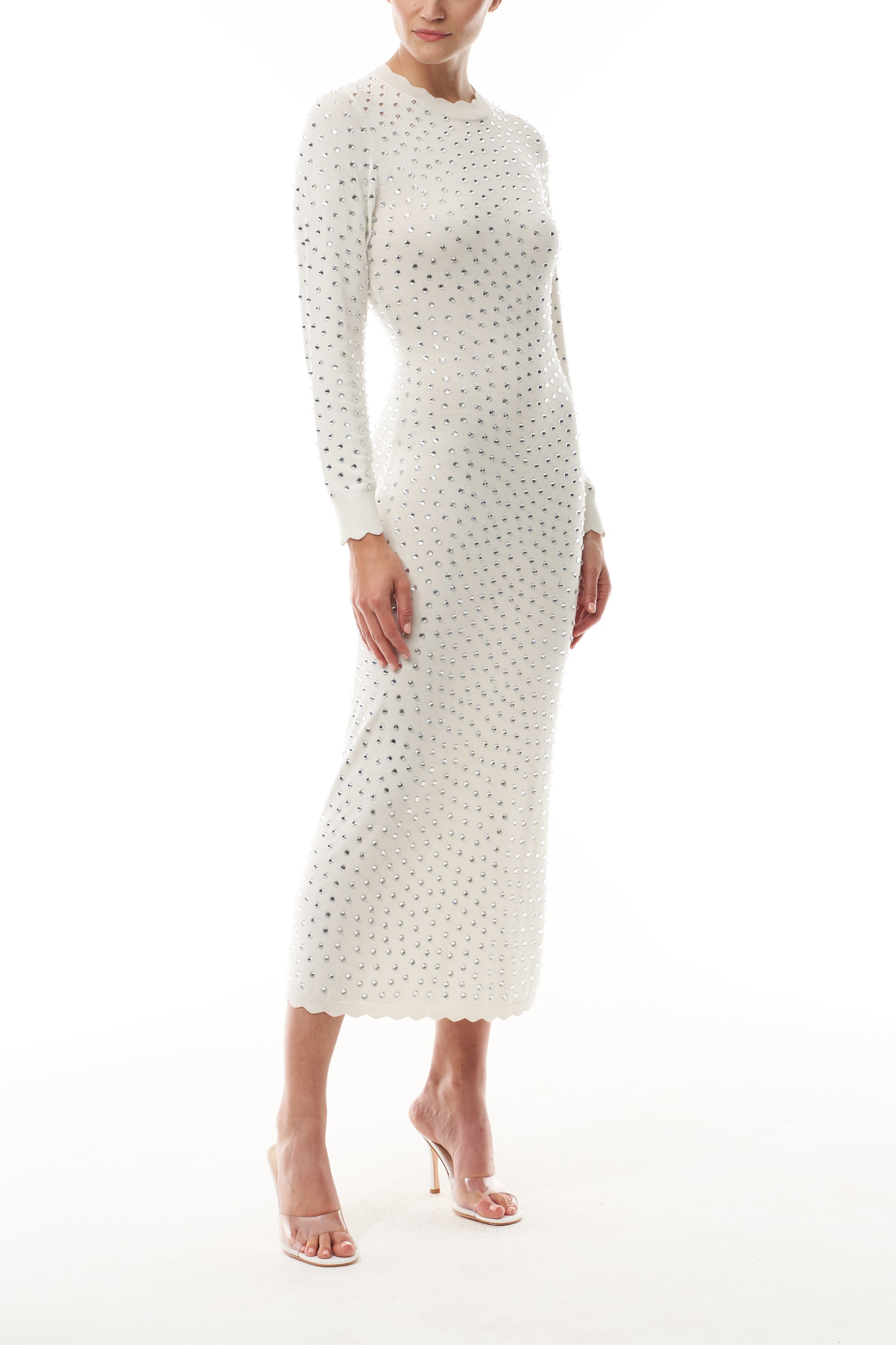 Monique Lhuillier Fall 2025 Ivory/silver Long sleeve cotton hotfix knit dress- side.