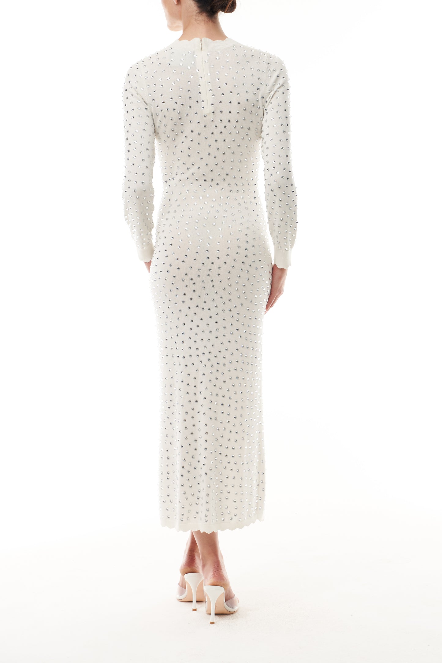 Monique Lhuillier Fall 2025 Ivory/silver Long sleeve cotton hotfix knit dress- back.