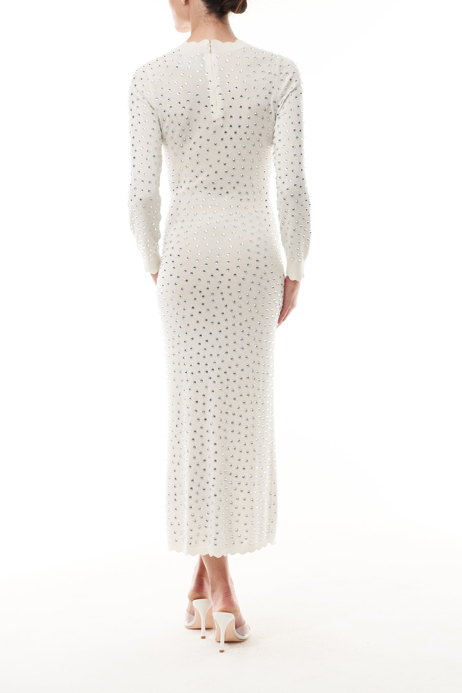 Monique Lhuillier Fall 2025 Ivory/silver Long sleeve cotton hotfix knit dress- back.