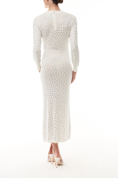 Monique Lhuillier Fall 2025 Ivory/silver Long sleeve cotton hotfix knit dress- back.