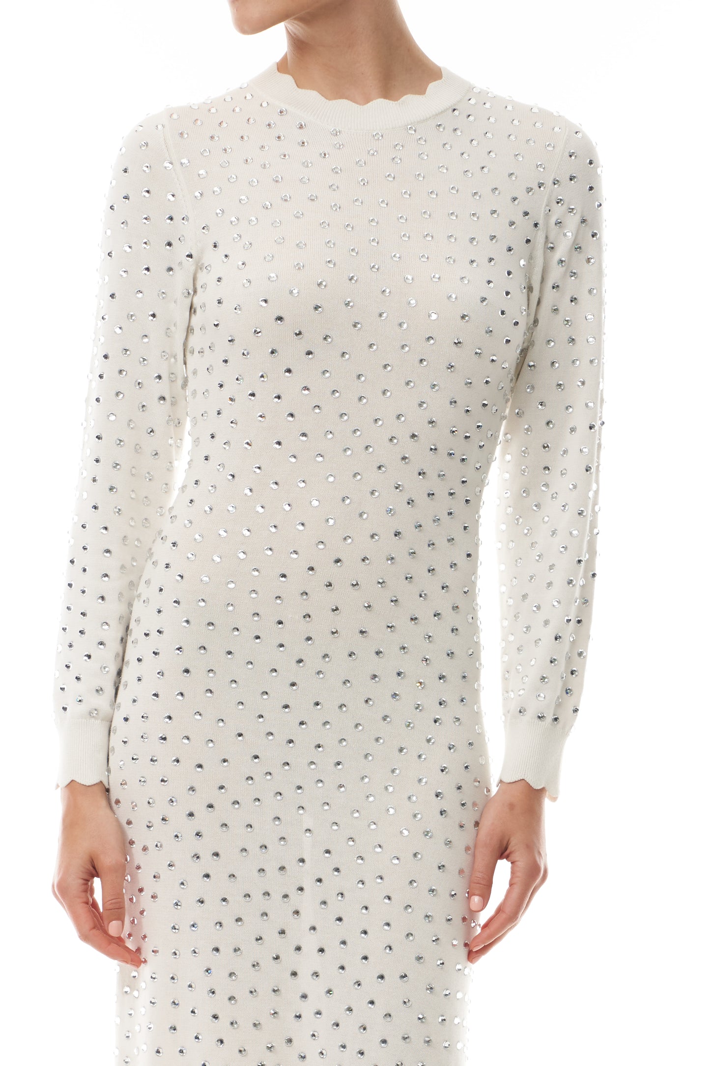 Monique Lhuillier Fall 2025 Ivory/silver Long sleeve cotton hotfix knit dress- fabric.