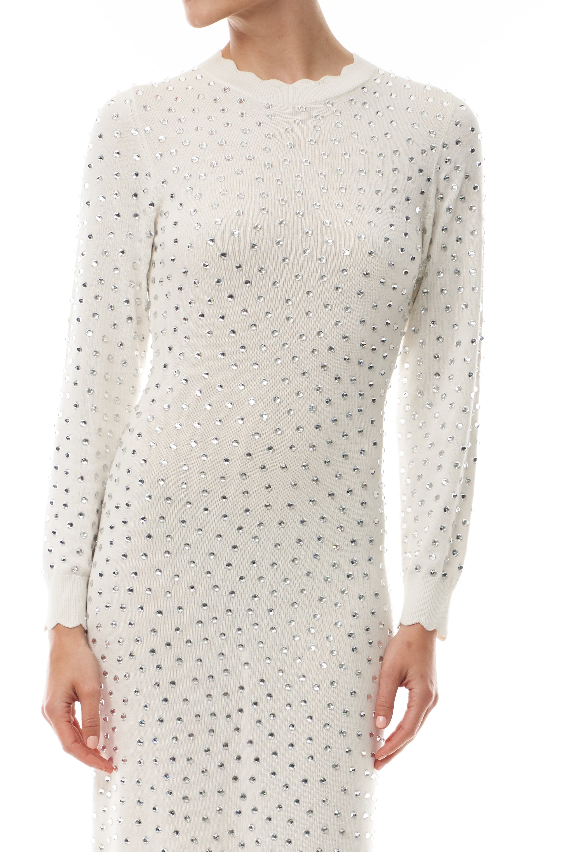 Monique Lhuillier Fall 2025 Ivory/silver Long sleeve cotton hotfix knit dress- fabric.