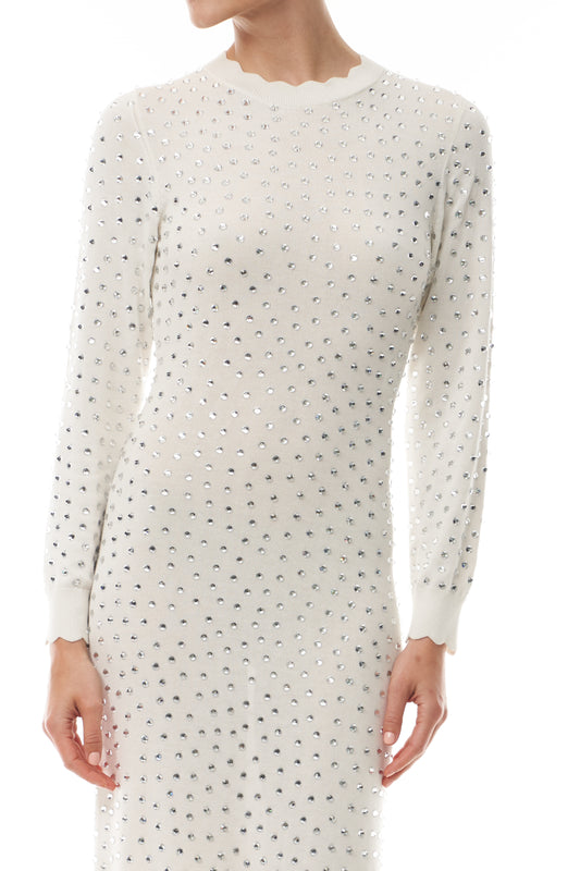 Monique Lhuillier Fall 2025 Ivory/silver Long sleeve cotton hotfix knit dress- fabric.