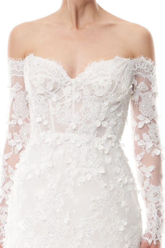 Long sleeve, off the shoulder mini dress in silk white reembroidered lace - fabric.