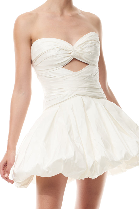 Monique Lhuillier 'Mon Cheri' strapless cocktail dress with sweetheart, peek-a-boo bodice and bubble-hem skirt in silk white taffeta fabric - detail.