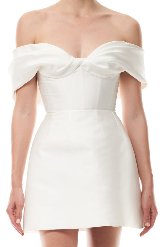Monique Lhuillier "Marisa" dress - off the shoulder, mini dress in silk white mikado - detail.