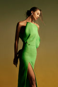 Monique Lhuillier Spring 2026 lookbook image - model wearing Meadow Silk
Cotton Brocade petal neckline column gown with gold ball piercing
