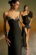 Monique Lhuillier Spring 2026- model on left wearing Noir Mikado strapless embroidered lapel column gown, model on right wearing Noir Mikado asymmetric mini dress with trainv-lookbook