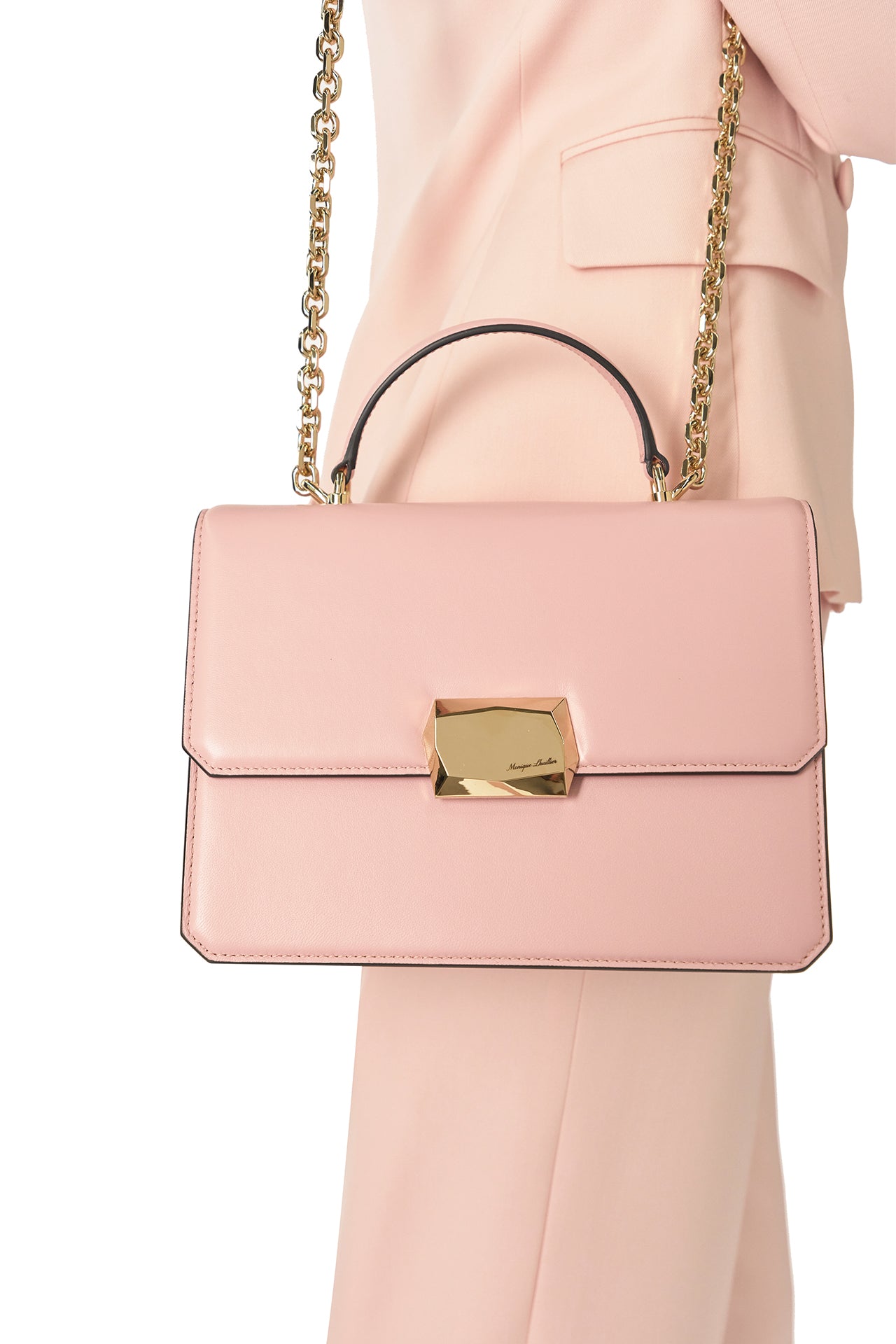 Rhea blush leather top handle shoulder bag with light gold-tone chain strap 