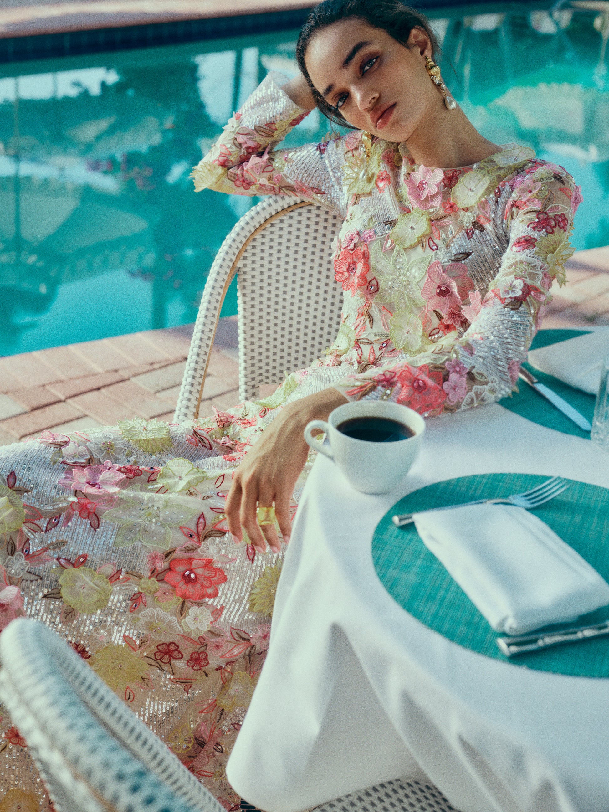 Monique Lhuillier Spring 2025 long sleeve gown in floral, embroidered lace in ecru yellow and pinks - lookbook photo on model.