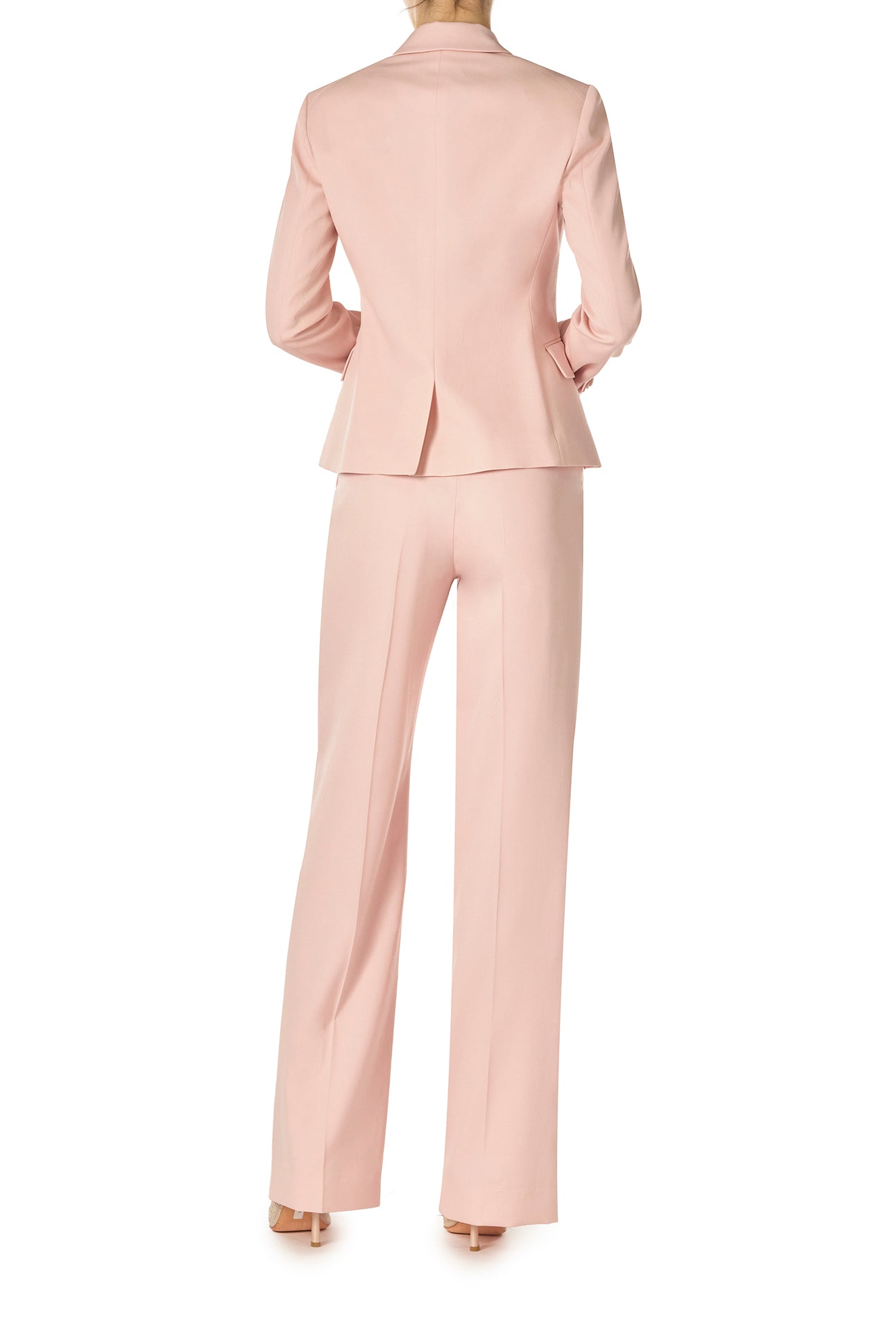 Monique Lhuillier Fall 2024 pale blush wool, double breasted wool blazer with full length sleeve - back.