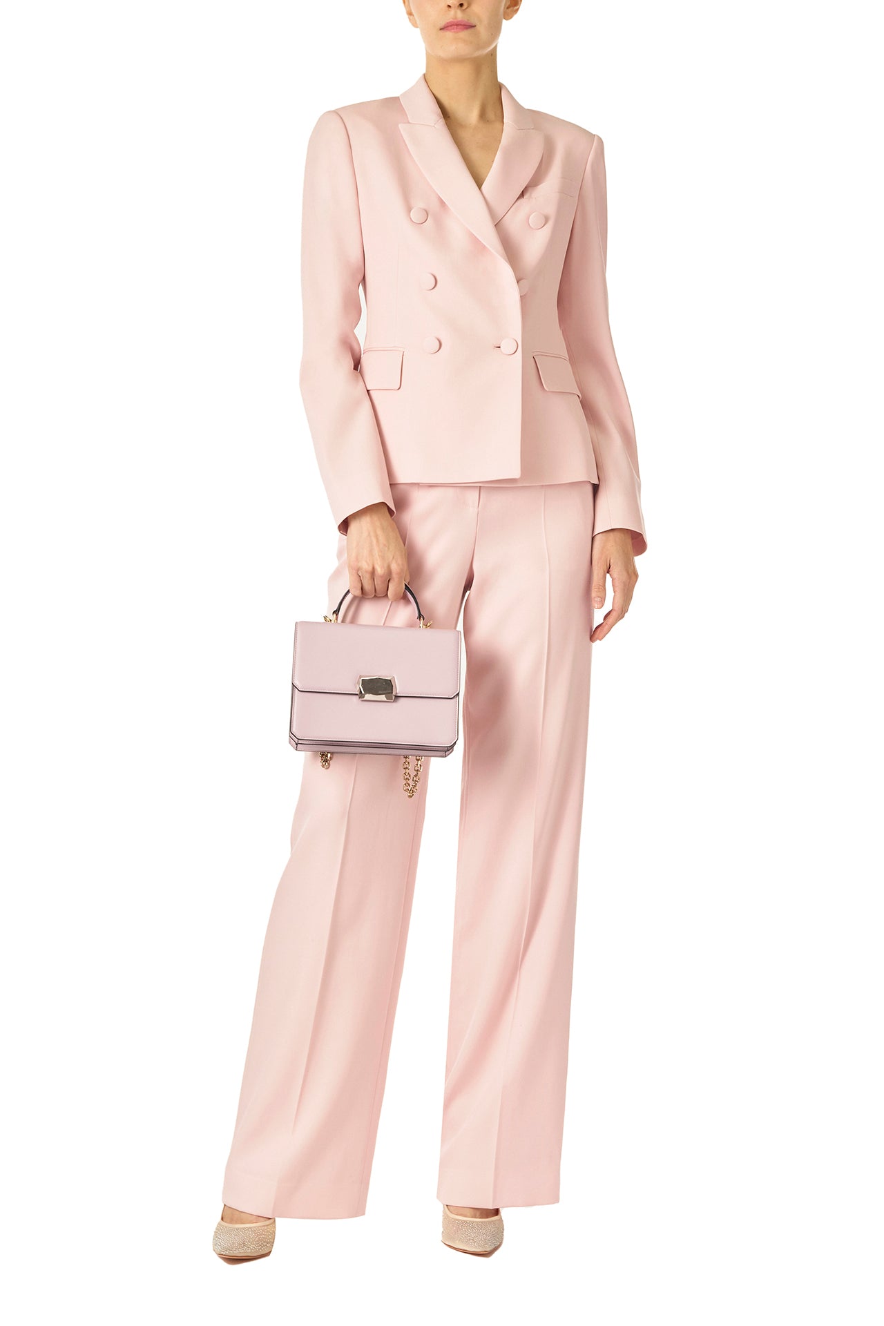 Monique Lhuillier Fall 2024 pale blush wool, double breasted wool blazer with full length sleeve - front.