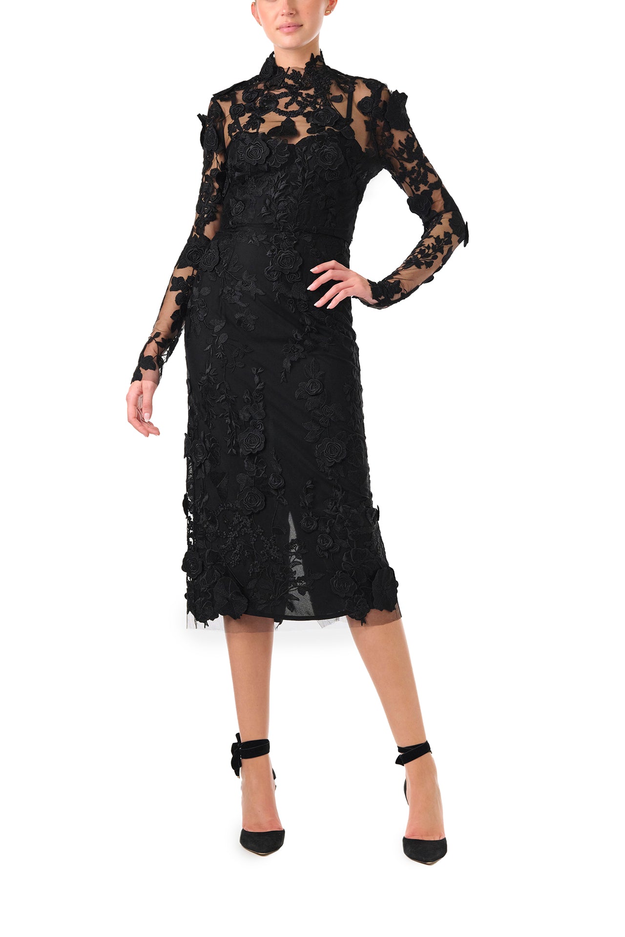 Monique Lhuillier Fall 2024 high neck, long sleeve noir lace jacket with hook and eye closure - front. 