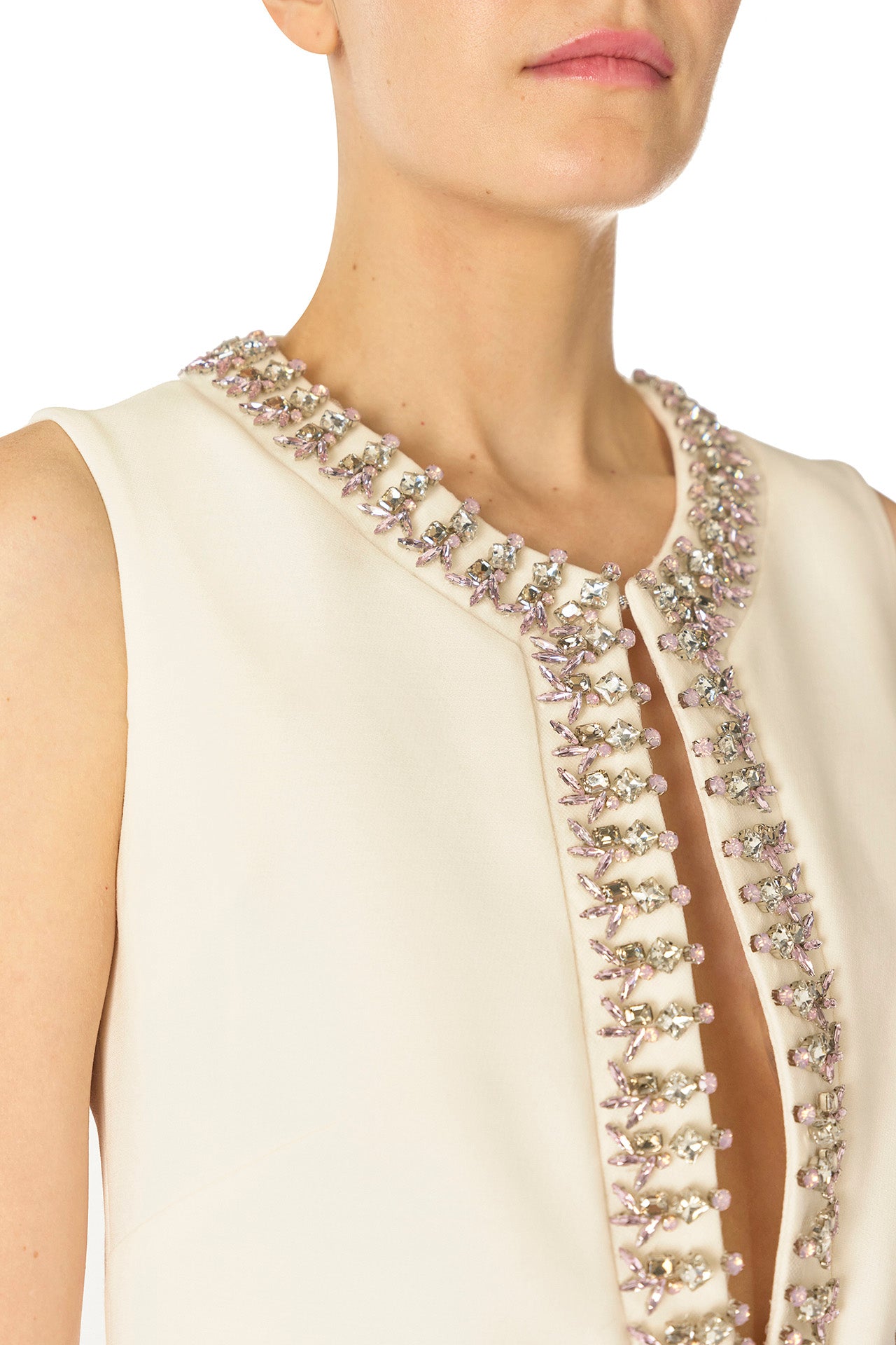 Monique Lhuillier Spring 2025 Sleeveless shift dress with jeweled neckline in Silk White wool/silk suiting - jeweled neckline detail.