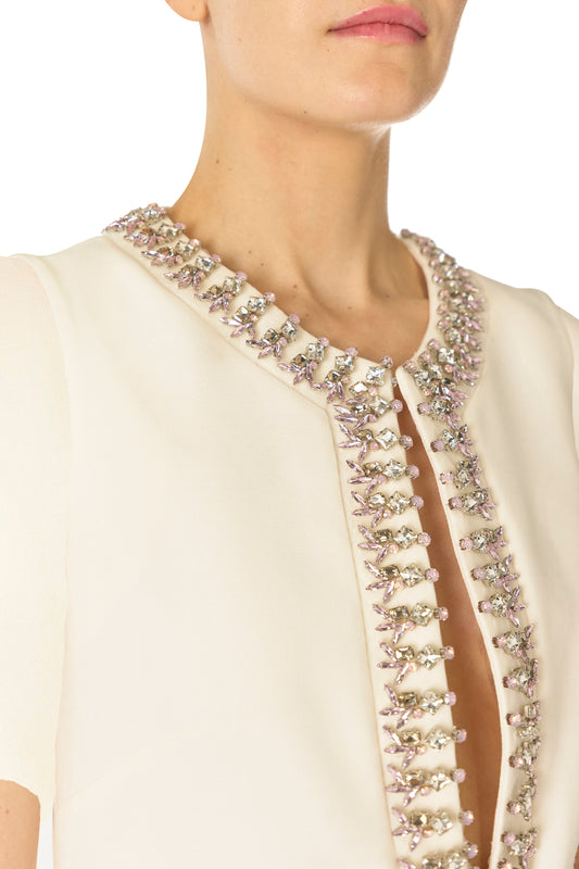 Monique Lhuillier Spring 2025 short sleeve, floor length caftan in silk white with jeweled neckline - neckline.
