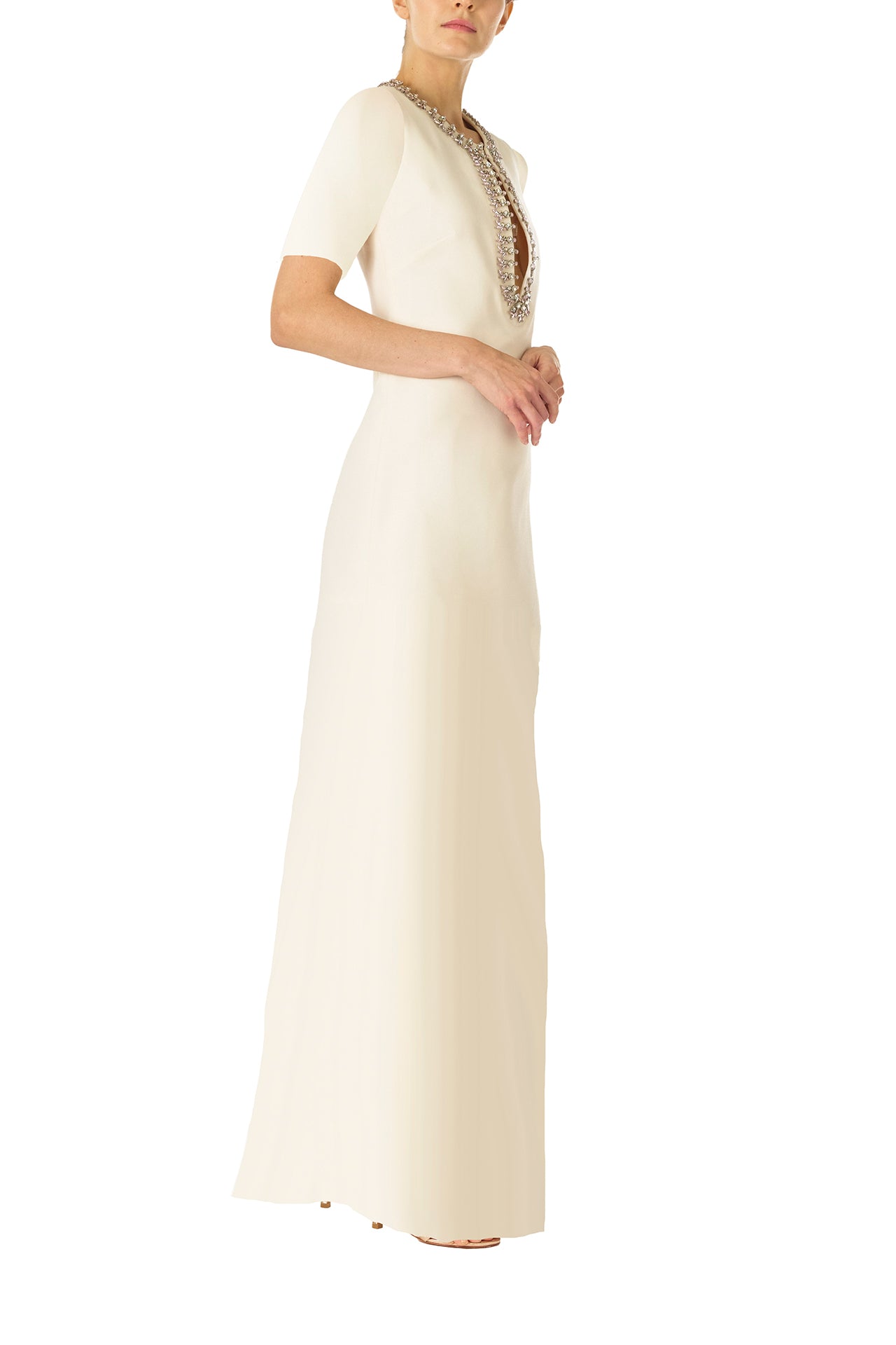 Monique Lhuillier Spring 2025 short sleeve, floor length caftan in silk white with jeweled neckline - side.