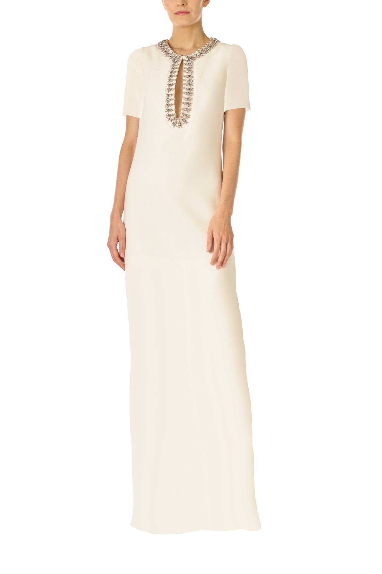 Monique Lhuillier Spring 2025 short sleeve, floor length caftan in silk white with jeweled neckline - front.