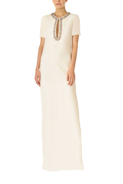 Monique Lhuillier Spring 2025 short sleeve, floor length caftan in silk white with jeweled neckline - front.