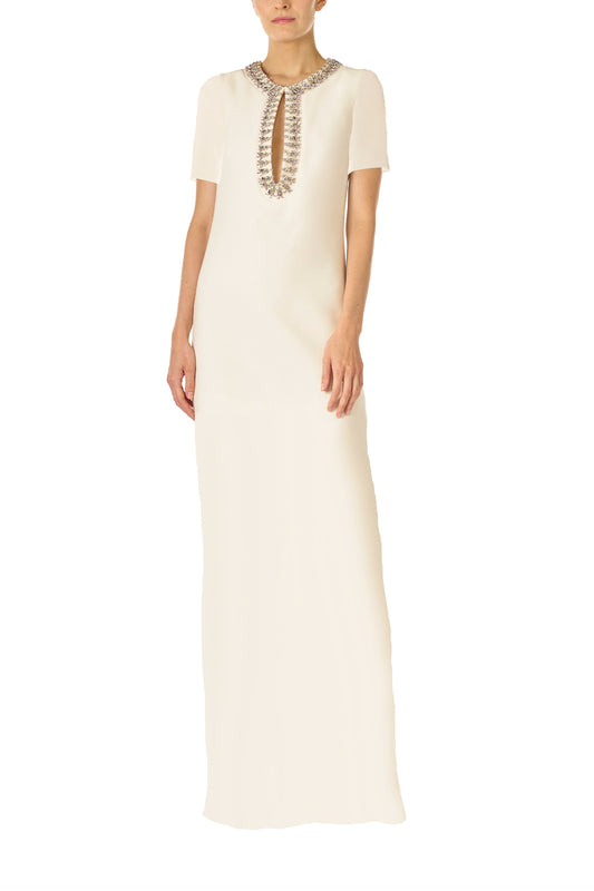 Monique Lhuillier Spring 2025 short sleeve, floor length caftan in silk white with jeweled neckline - front.