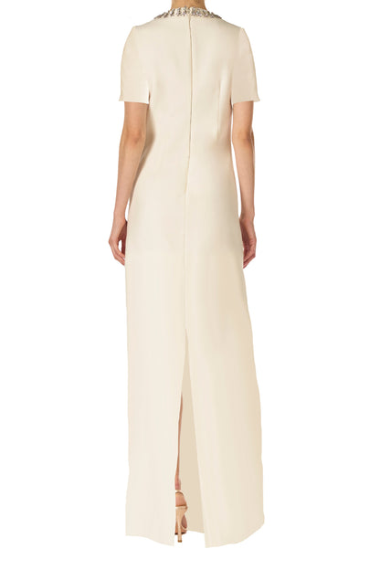 Monique Lhuillier Spring 2025 short sleeve, floor length caftan in silk white with jeweled neckline - back.