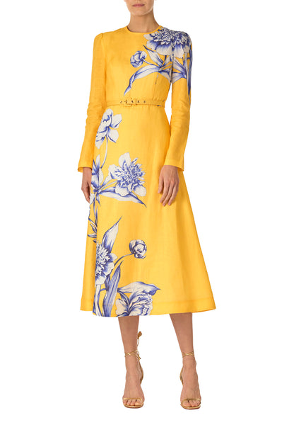 Monique Lhuillier Spring 2025 Floral printed linen long sleeve day dress with jewel neckline and circular skirt in yellow sunflower print - front.