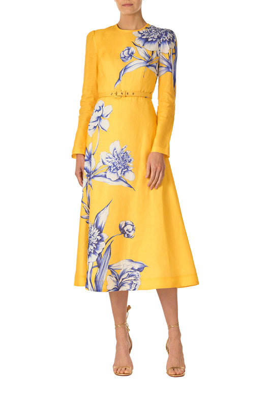Monique Lhuillier Spring 2025 Floral printed linen long sleeve day dress with jewel neckline and circular skirt in yellow sunflower print - front.