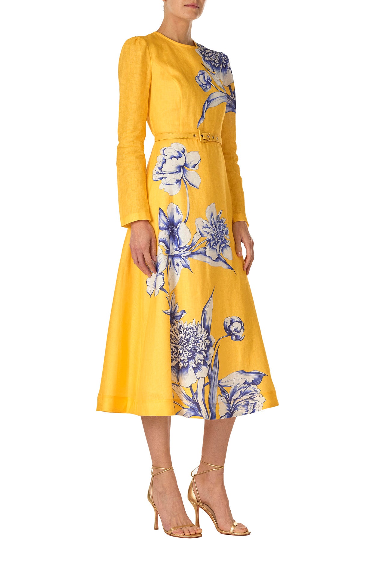 Monique Lhuillier Spring 2025 Floral printed linen long sleeve day dress with jewel neckline and circular skirt in yellow sunflower print - right side.