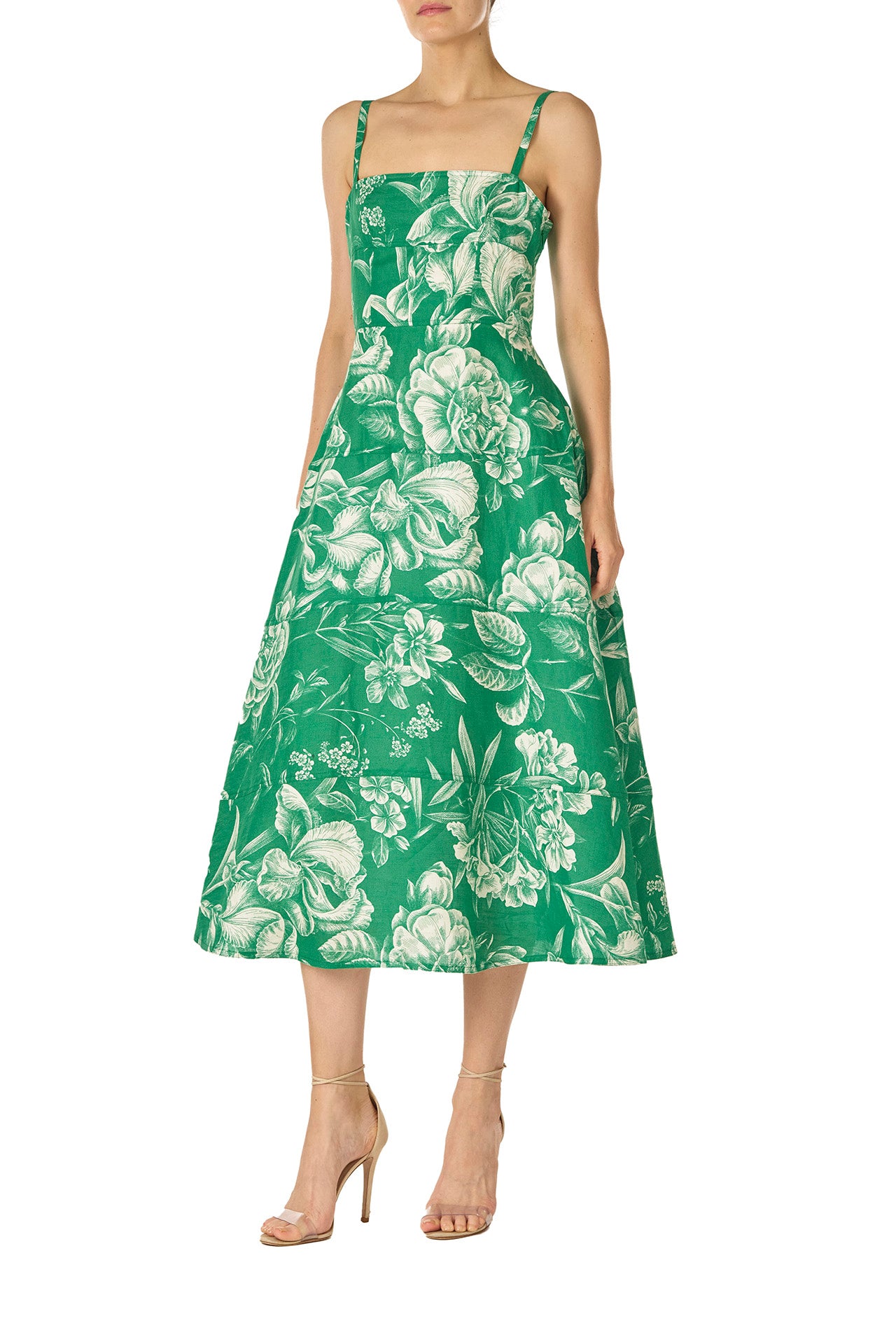 Monique Lhuillier Spring 2025 Grass & silk white floral toile printed linen tailored day dress with spaghetti straps - left side.