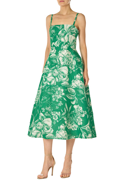 Monique Lhuillier Spring 2025 Grass & silk white floral toile printed linen tailored day dress with spaghetti straps - left side.
