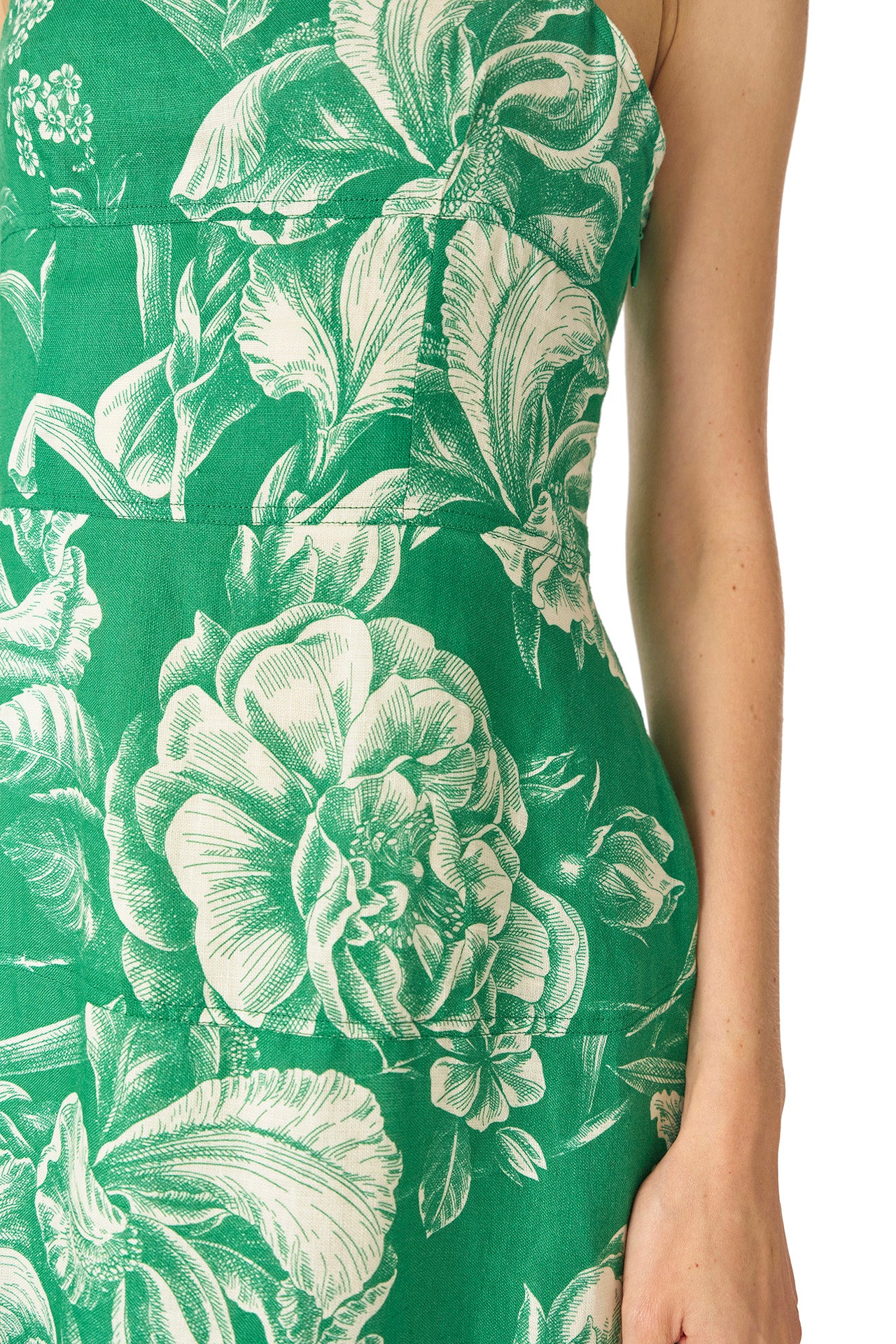 Monique Lhuillier Spring 2025 Grass & silk white floral toile printed linen tailored day dress with spaghetti straps - fabric.
