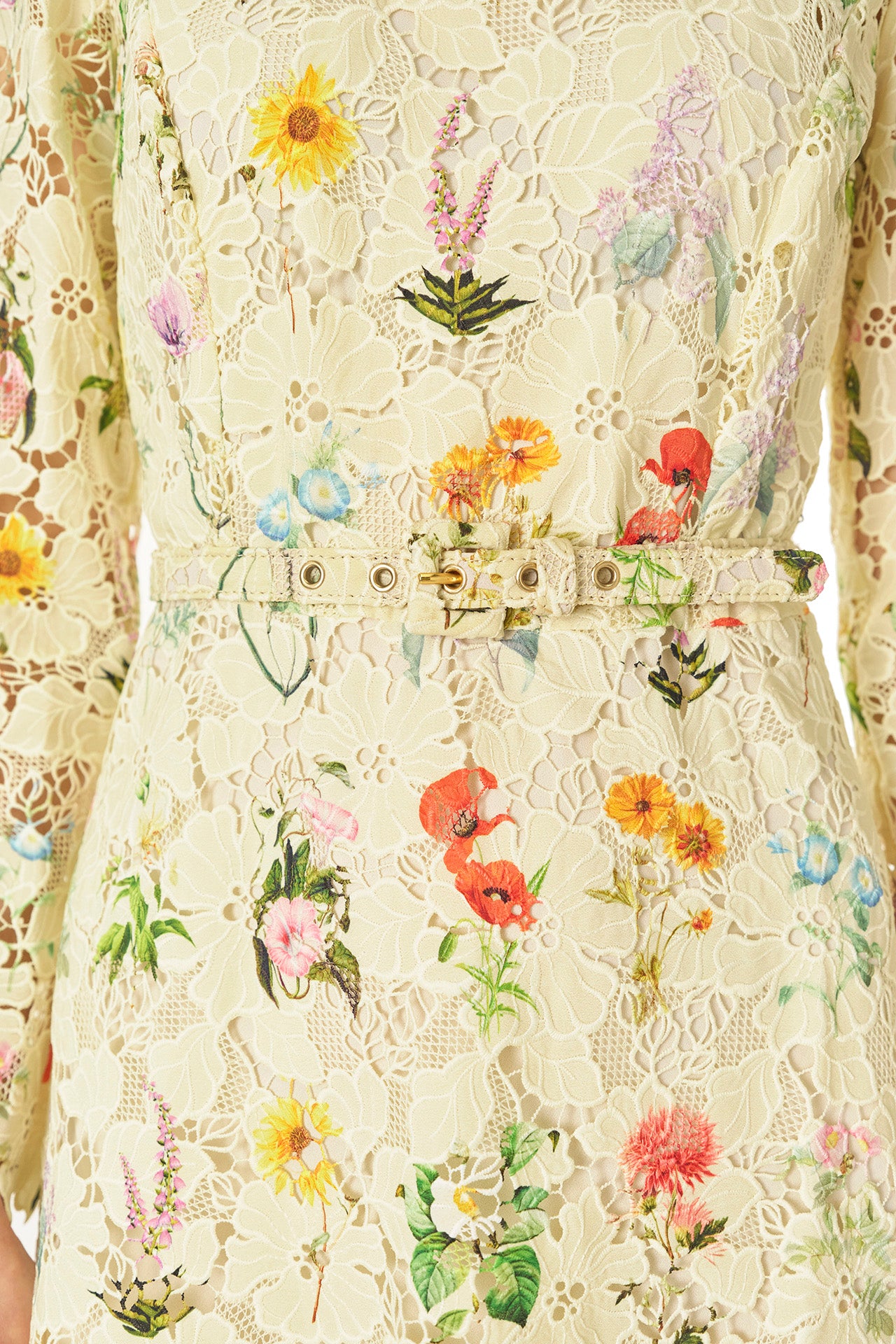 Monique Lhuillier Spring 2025 Long sleeve midi dress with jewel neckline and self-fabric belt at waist in Limoncello /Multi floral lace - fabric detail.