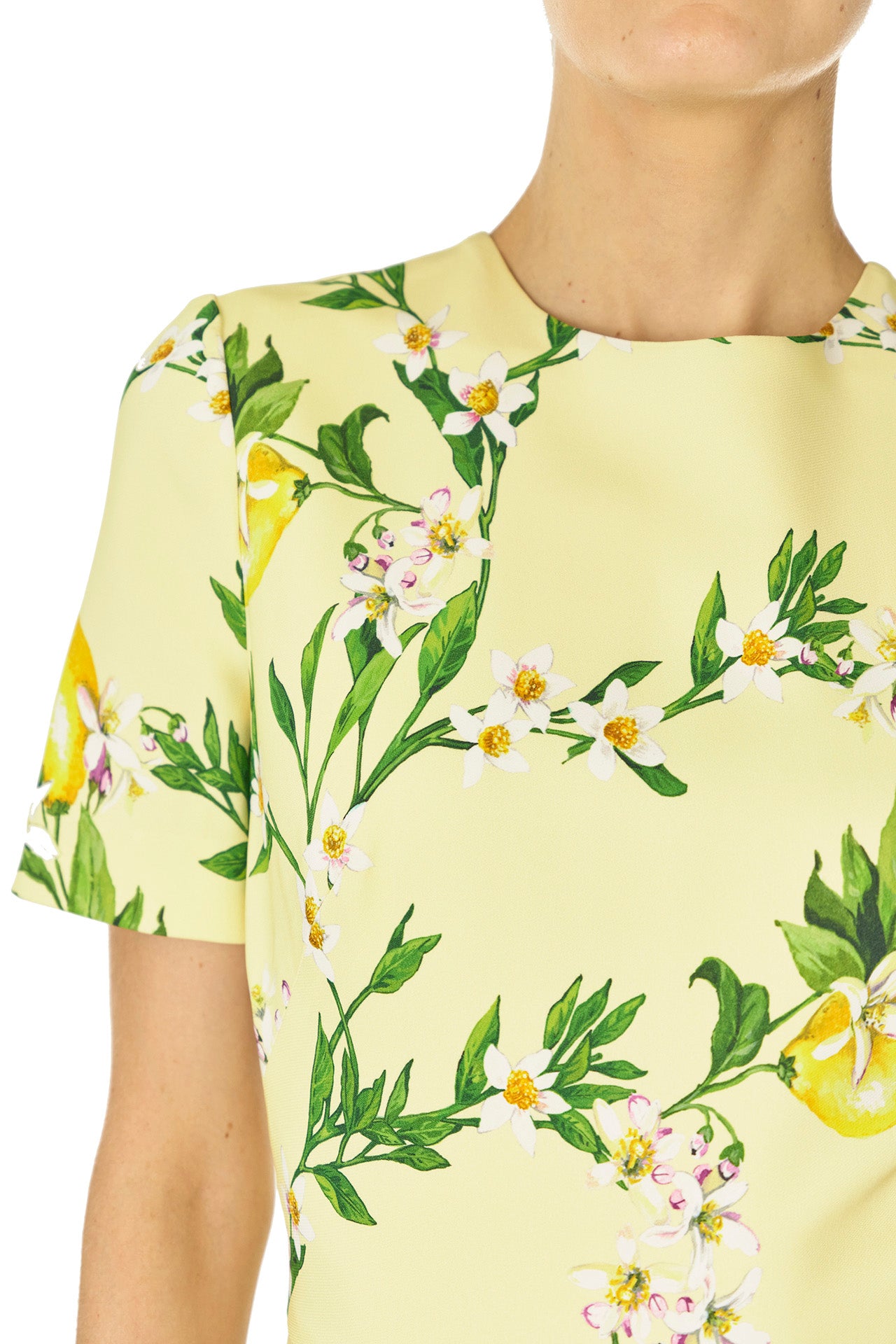 Monique Lhuillier Spring 2025 Short sleeve, floor length gown with jewel neckline in Lemon printed Crepe fabric - fabric detail.